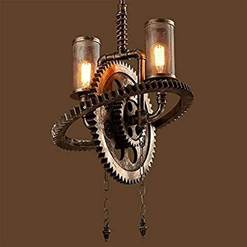 Chandeliers 2 Lights Wooden Gear Rusty Metal Water Pipe Pendant Lights Industrial Retro Steampunk Hanging lamp for Restaurants, Corridors, Living Rooms, Bars, Cafes steampunk buy now online
