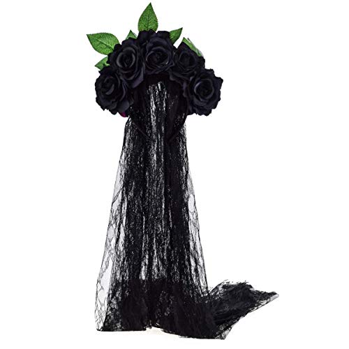 Day of the Dead Headpiece Rose Floral Crown Halloween Costume Mexican Headband with Veil (Green Leaf Black Rose Flower) steampunk buy now online