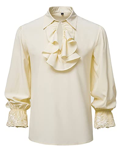 Men's Renaissance Steampunk Victorian Long Sleeve Jabot Collar Medieval Pirate Shirt Tops-Khaki-M steampunk buy now online
