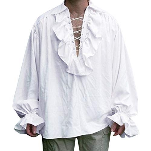 FeMereina Mens Pirate Long Sleeve Shirt Gothic Steampunk Ruffle Top Blouse Victorian Cosplay Renaissance Costume (White, Medium) steampunk buy now online