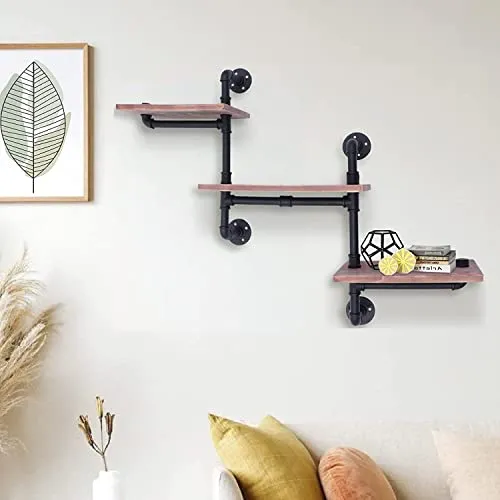 Industrial Pipe Shelving 3 Tiers Rustic Wood Shelf Wall Mounted DIY Storage Shelving Metal Corner Hung Bracket Shelving Floating Shelves Farmhouse Kitchen Bar Shelving, Rustic Brown steampunk buy now online