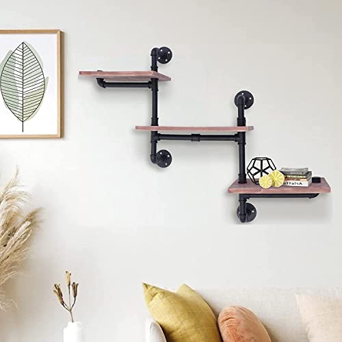 Industrial Pipe Shelving 3 Tiers Rustic Wood Shelf Wall Mounted DIY Storage Shelving Metal Corner Hung Bracket Shelving Floating Shelves Farmhouse Kitchen Bar Shelving, Rustic Brown steampunk buy now online
