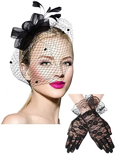 Bowknot Fascinator Hat Feathers Veil Mesh Headband and Short Lace Gloves Floral Lace Gloves (Black) steampunk buy now online