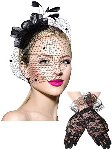 Bowknot Fascinator Hat Feathers Veil Mesh Headband and Short Lace Gloves Floral Lace Gloves (Black) steampunk buy now online