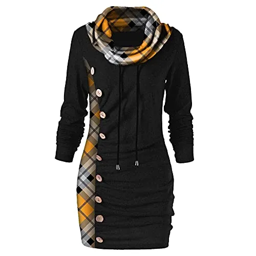 AMhomely Sale Clearance Dress for Women Plaid Button Collar Drawstring Stitching Tops Tunic Casual Long Sleeve Pullover Shirts UK Size 8-26 steampunk buy now online