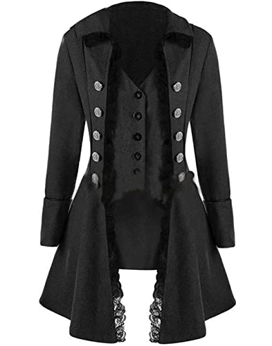 Women's Medieval Victorian Steampunk Button Corset Tailcoat Jacket, Vintage Renaissance Gothic Tuxedo Uniform, Retro Adult Halloween Pirate Cosplay Costumes Outfits (L, Black) steampunk buy now online