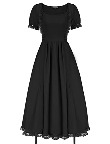 SCARLET DARKNESS Contrast Color Dress Retro Casual Victorian Vintage Renaissance Party Dress Women Square Collar XL Black 166S22-2 steampunk buy now online