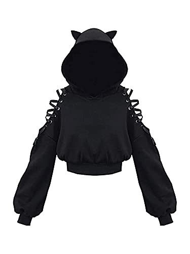 Loalirando Women's Cute Cat Ear Crop Top Oversized Hoodie Off Shoulder Hollow Out Long Sleeve Black Punk Gothic Sweatshirts (Black, Large) steampunk buy now online