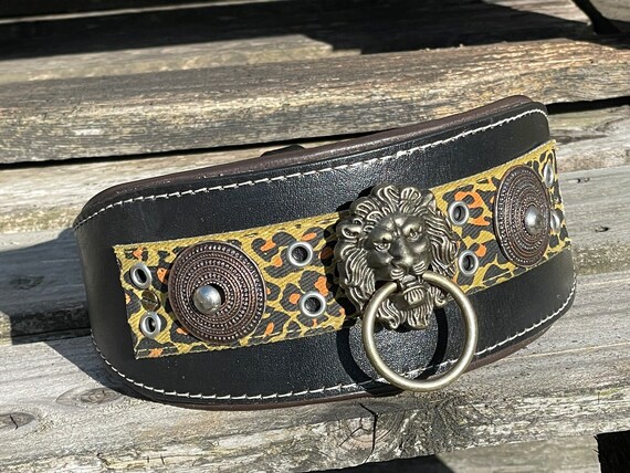 Dog collar Steampunk Hand Crafted Italian Bridle Leather Greyhound Style Dog Collar Cogs Design Unique Larp Pets Leopard print by SteamButch steampunk buy now online