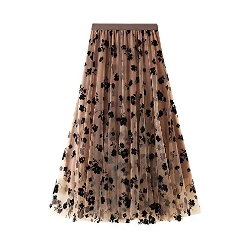 ZZLBUF Teens Chiffon Tulle Elastic Floral Print Mesh Overlay Layered A Line Midi Skirt (1# Khaki, One Size) steampunk buy now online
