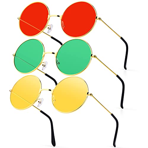 Greoer 3 Pieces Round Vintage Sunglasses Women Hippie Glasses Festival Sunglasses Lovely Street Shoot Circle Sunglasses Colored Rose Gold Frame Glasses for Teen Girls Women (Red Yellow Green) steampunk buy now online