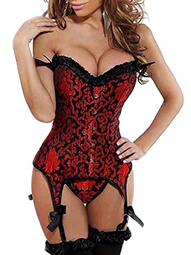 Kelvry Women's Gothic Satin Lace up Boned Bustier Corset Top with Suspenders Plus Size 6-24 Red steampunk buy now online