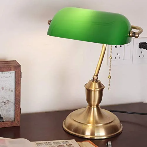 Desk Lamp Study Office Traditional Classic Lighting Bedside Lamp Rotatable Green Glass Lampshade Polished Full Copper Old Fashioned Bankers Table Lamp E27 with Pull Line Switch steampunk buy now online