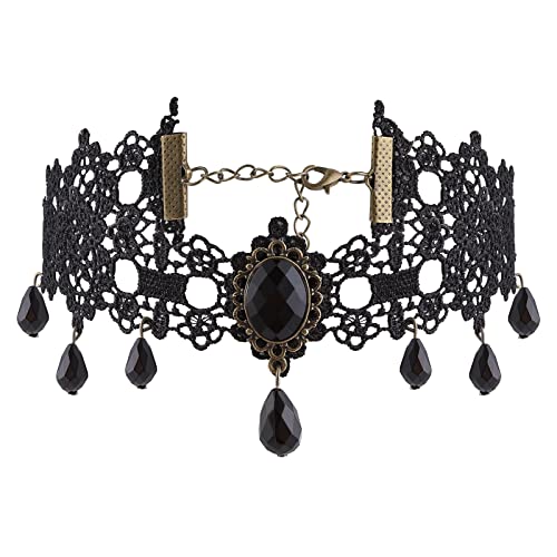 Halloween Black Lace Choker Gothic Steampunk Necklace Black Neck Chain Collar with Crystal for Women and Girls Halloween Cosplay Party Vintage Costume steampunk buy now online