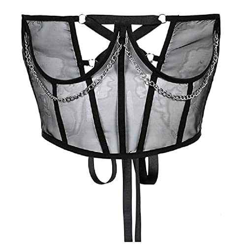 Womens Gothic Punk Mesh Corset Crop Top Harajuku Metal Chains See-Through Bustier Waist Belt Crisscross Lace-Up Underbust Body Shaper Cincher Metal Chain Sheer Bustier Belt steampunk buy now online