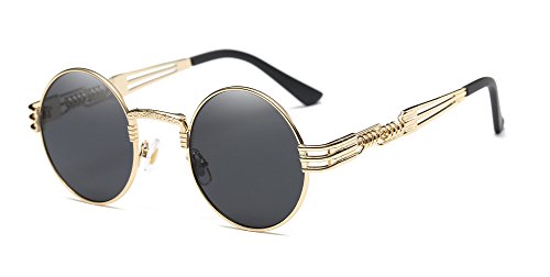 Dollger John Lennon Style Retro Steampunk Sunglasses for Women Men Round Hippie UV400 Protection Flat Lens Metal Frame Eyewear(Black Lens/Gold Frame) steampunk buy now online