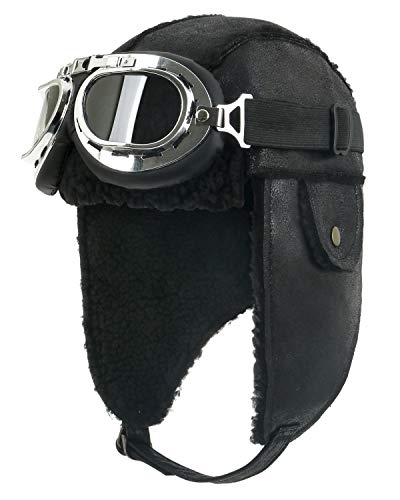 ililily Pilot Hat Winter Snowboard Fur Ear Flaps Trooper Trapper with Goggles, Black steampunk buy now online