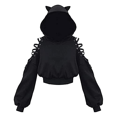 Women's Hoodie Crop Top Autumn Long Sleeve Cute Ear Cat Animal Print Off Shoulder Pullover Sweatshirt for Teen Girl (Black, Small) steampunk buy now online