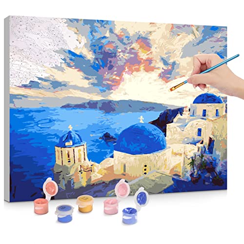 WOSTOO Paint by Numbers for Adults, 3 Brushes and 24 Acrylic Paints, DIY Acrylic Oil Painting Without Frame for Beginner Home Decorations Gifts 40x50cm (Santorini) steampunk buy now online