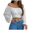 AMhomely Woman's Strapless Long SleeveSolid Color Off Shoulder Ruched Lantern Sleeve Crop Tops Vintage Work Shirt UK Size steampunk buy now online