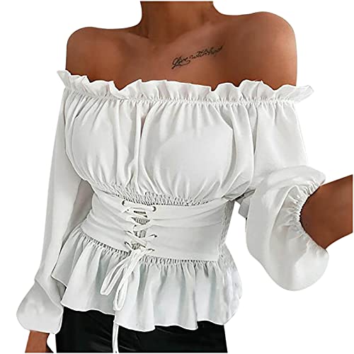 Womens Tops Sale Summer Casual Loose Tee T-Shirt Long Sleeve Off-Shoulder Ruffled Elastic Tie Tunic Tops Plus Size Shirt Oversized Babydoll Tunic Tank Tops Basic Blouse steampunk buy now online