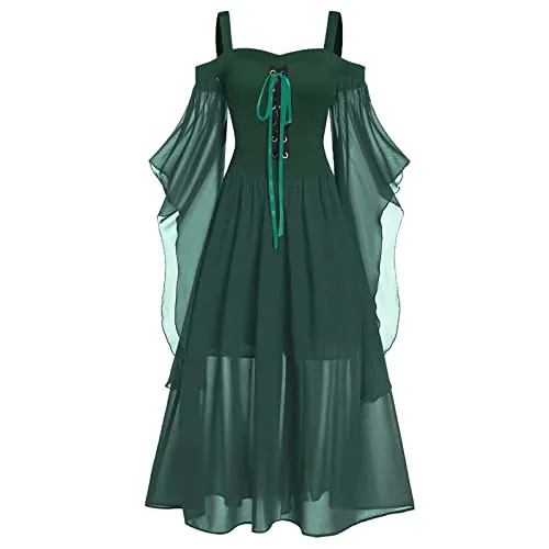 AMhomely Halloween Dress Medieval Costume Women Butterfly Sleeve Maxi Dress Cold Shoulder Steampunk Corset Dress for Women Gothic Clothes Green steampunk buy now online