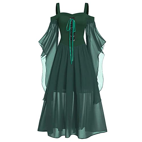 AMhomely Halloween Dress Medieval Costume Women Butterfly Sleeve Maxi Dress Cold Shoulder Steampunk Corset Dress for Women Gothic Clothes Green steampunk buy now online