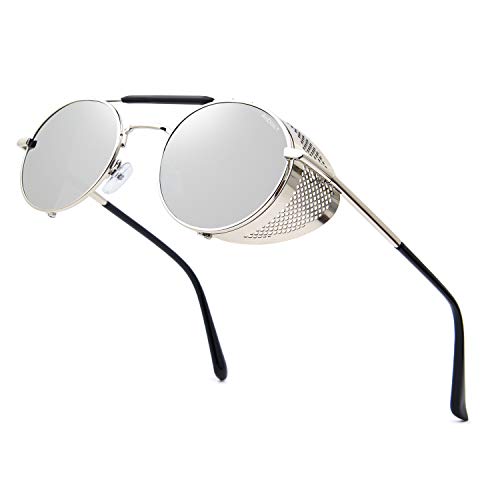 ANDOILT Steampunk Style Round Sunglasses for Men Women Vintage Retro Eyewear Matel Frame UV400 Protection Silver frame Silver lens steampunk buy now online