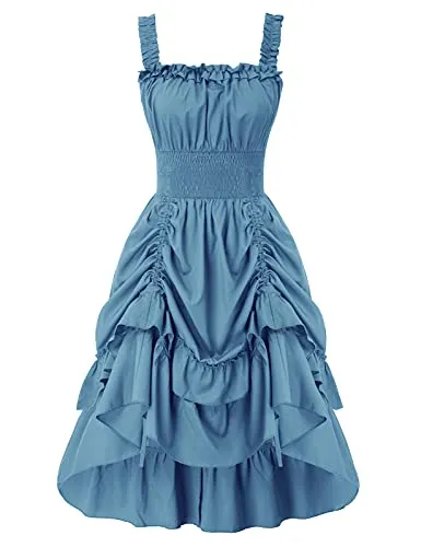 SCARLET DARKNESS Victorian Steampunk Dress Rerto Wedding Dress Women Dress Renaissance Smocked Waist Dress L Light Grey Blue 2160-6 steampunk buy now online