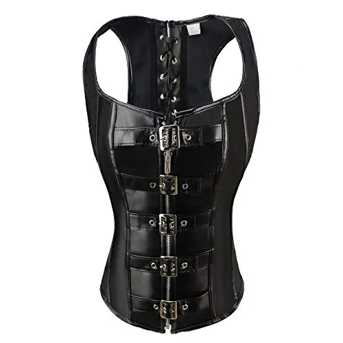 Women Sexy Black Faux Leather Steampunk Buckle Corset Vest Waistcoat Overbust Top (Black Faux Leather Vest, 10) steampunk buy now online