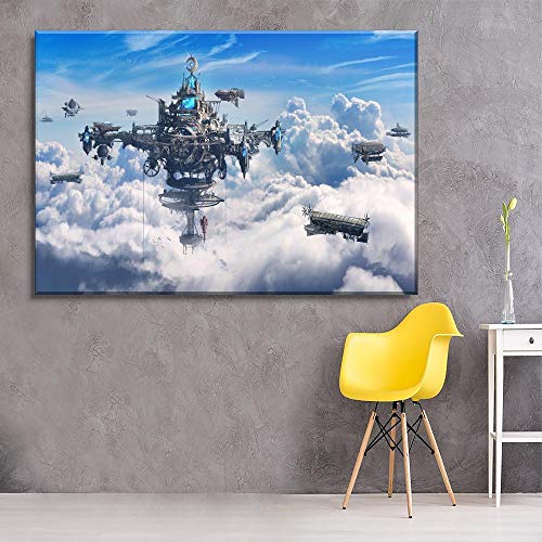 WFLWLHH Canvas Wall Art Giclee Prints Home Decorative Hd Print Picture 1 Piece Blue Sky Sci Fi Steampunk City And Airship Painting Wall Art Modular Canvas Poster-(40X60Cm) With Frame steampunk buy now online