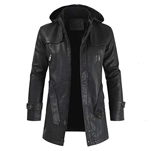 FHKGCD Men Winter Long Hooded Thick Fleece Leather Jacket Parkas Men Outwear Warm Leather Jackets Men 3Xl,Black,L steampunk buy now online