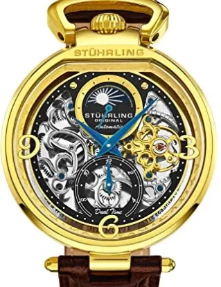 Stührling Original Mens Skeleton Watch Dial Automatic Watch with Calfskin Leather Band and - Dual Time, AM/PM Sun Moon (Gold and Brown) steampunk buy now online