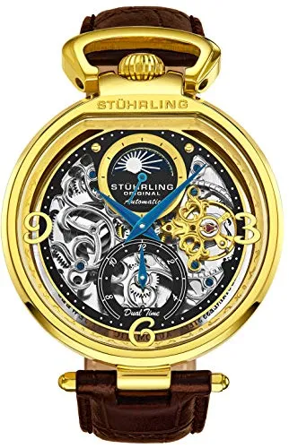 Stührling Original Mens Skeleton Watch Dial Automatic Watch with Calfskin Leather Band and - Dual Time, AM/PM Sun Moon (Gold and Brown) steampunk buy now online