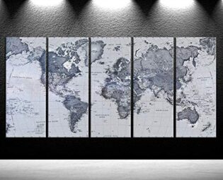 iKNOW FOTO 5 Pieces Vintage World Map Canvas Prints Push Pin Map Wall Art Decor Trace Travel Marks Map Wall Decor Abstract The Map of The World Antique Framed Picture for Living Room Office 16x40inx5 steampunk buy now online