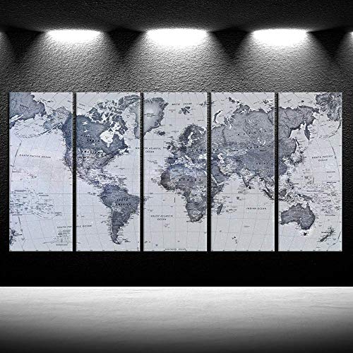 iKNOW FOTO 5 Pieces Vintage World Map Canvas Prints Push Pin Map Wall Art Decor Trace Travel Marks Map Wall Decor Abstract The Map of The World Antique Framed Picture for Living Room Office 16x40inx5 steampunk buy now online