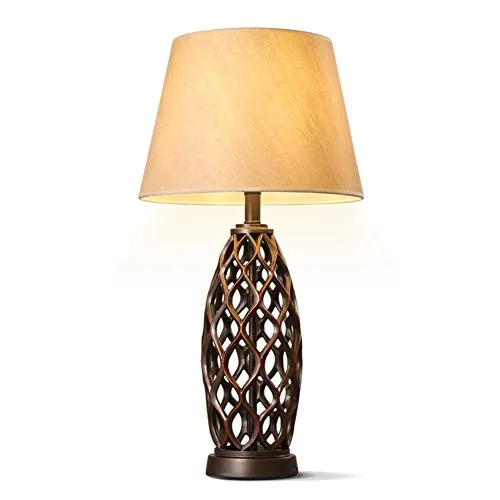 Desk Lamp Study Office Rural Retro Lighting Bedroom Bedside Reading Lamp Fabric Shade Prismatic Hollow Resin Table Lamp E27 with Button Switch steampunk buy now online