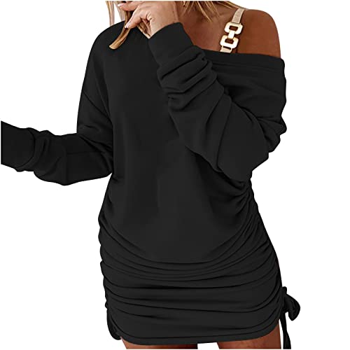 Dresses for Women UK Clearance Casual Long Sleeve Solid Cold Shoulder Drawstring Long Sleeve Dresses Christmas Dresses Fancy Dress Party Winter Dresses Jumper Dress Knitted Dress steampunk buy now online