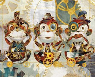 CANVAS-FRAMED-with-AMERICAN-BOX STEAMPUNK MONKEYS Yang Eric - Abstract horizontal Art print HEAR NO EVIL SEE NO EVIL SPEAK NO EVIL Floating frame 35_X_45_in steampunk buy now online