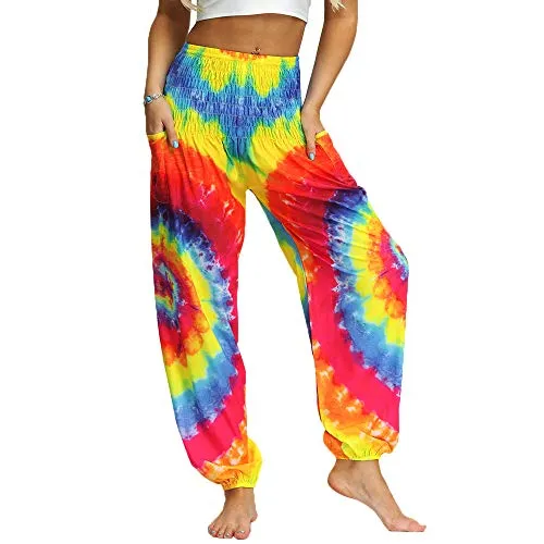 Nuofengkudu Women's Hippie Baggy Harem Trousers Smocked High Waist Soft Boho Print Yoga Pants with Pockets Holiday Summer Beach Party (Rainbow A, One Size) steampunk buy now online