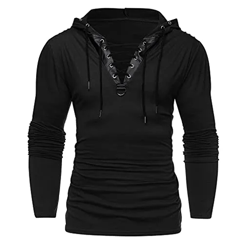 Cenlang Men's Gothic Steampunk Hoodies Sweatshirt Lace Up Long Sleeve Pullover Casual Hooded Tee Tops Shirts Black steampunk buy now online