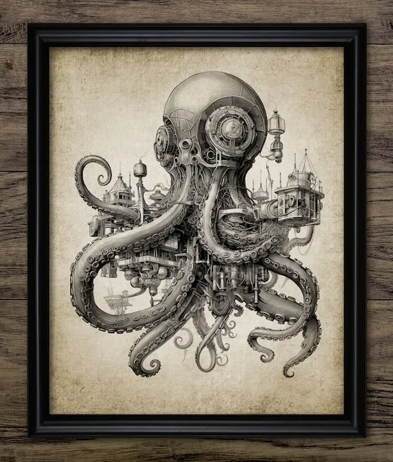 Steampunk Octopus Wall Art, Printable Octopus, Whimsical Octopus, Octopus Bathroom Art, Fantasy Octopus Art #4200 INSTANT DOWNLOAD by InstantGraphics steampunk buy now online