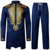 LucMatton Men's African 2 Piece Set Long Sleeve Gold Print Dashiki and Pants Outfit Traditional Suit Indigo Blue Large steampunk buy now online