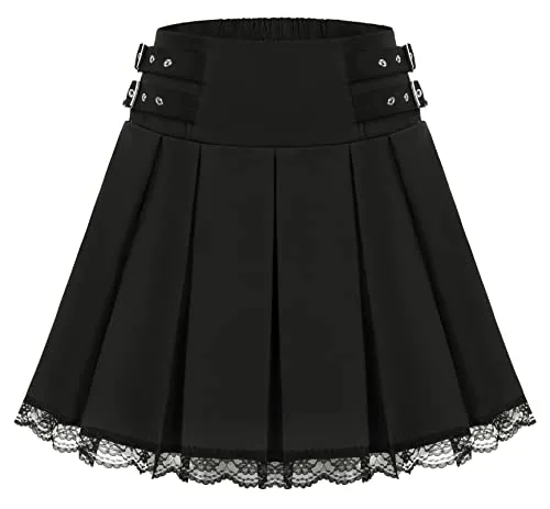 SCARLET DARKNESS Buckle Strap Skirt Women Steampunk Elastic Waist Pleated A-Line M Lace Hem Black 205A22-2 steampunk buy now online
