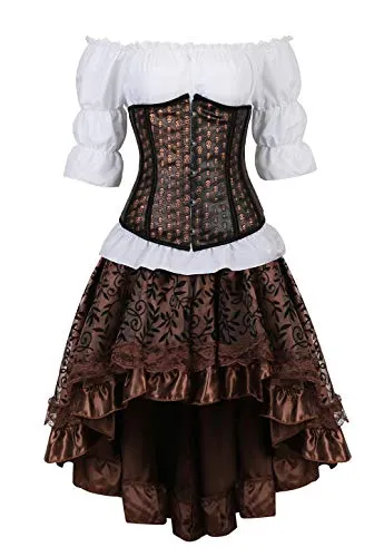 Grebrafan Steampunk Leather Corsets Bustiers Skirt Blouse Set 3 Piece Skull Underbust Corset Outfits for Women (UK(10-12) L, Brown) steampunk buy now online