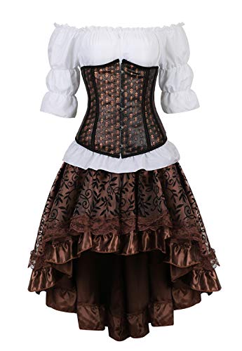 Grebrafan Steampunk Leather Corsets Bustiers Skirt Blouse Set 3 Piece Skull Underbust Corset Outfits for Women (UK(10-12) L, Brown) steampunk buy now online