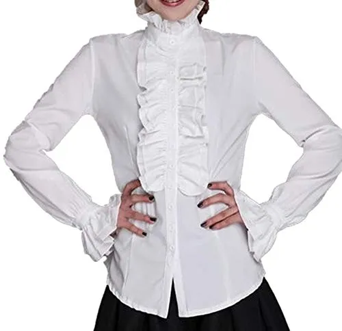 Longfei Ladies High Neck Frilly Womens Vintage Victorian Ruffle Top Shirt Blouse (White, L) steampunk buy now online