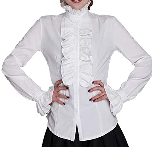Longfei Ladies High Neck Frilly Womens Vintage Victorian Ruffle Top Shirt Blouse (White, L) steampunk buy now online