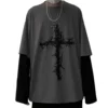 Aobiono Men Women Y2K Gothic Cross Sweatshirt Grunge Emo Alt Harajuku Fake Two-Piece Hoodie Top Dark Academia Punk Aesthetic, Gray, X-Large steampunk buy now online