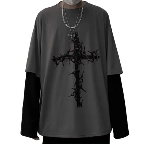 Aobiono Men Women Y2K Gothic Cross Sweatshirt Grunge Emo Alt Harajuku Fake Two-Piece Hoodie Top Dark Academia Punk Aesthetic, Gray, X-Large steampunk buy now online